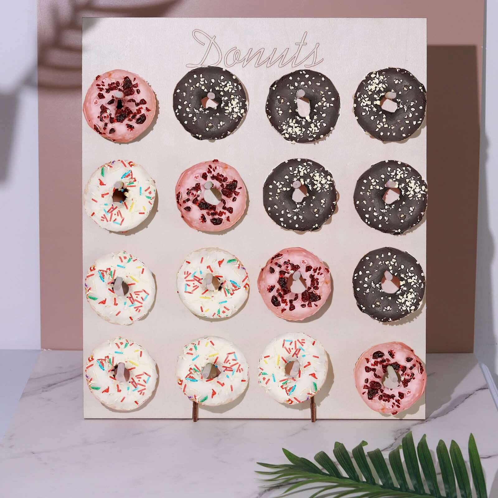 Wooden Rectangle Donut Wall Stand 19" Natural - Space Saving Detachable Doughnut Pegboard Dessert Display Holder for Rustic Boho Vintage-Inspired Event