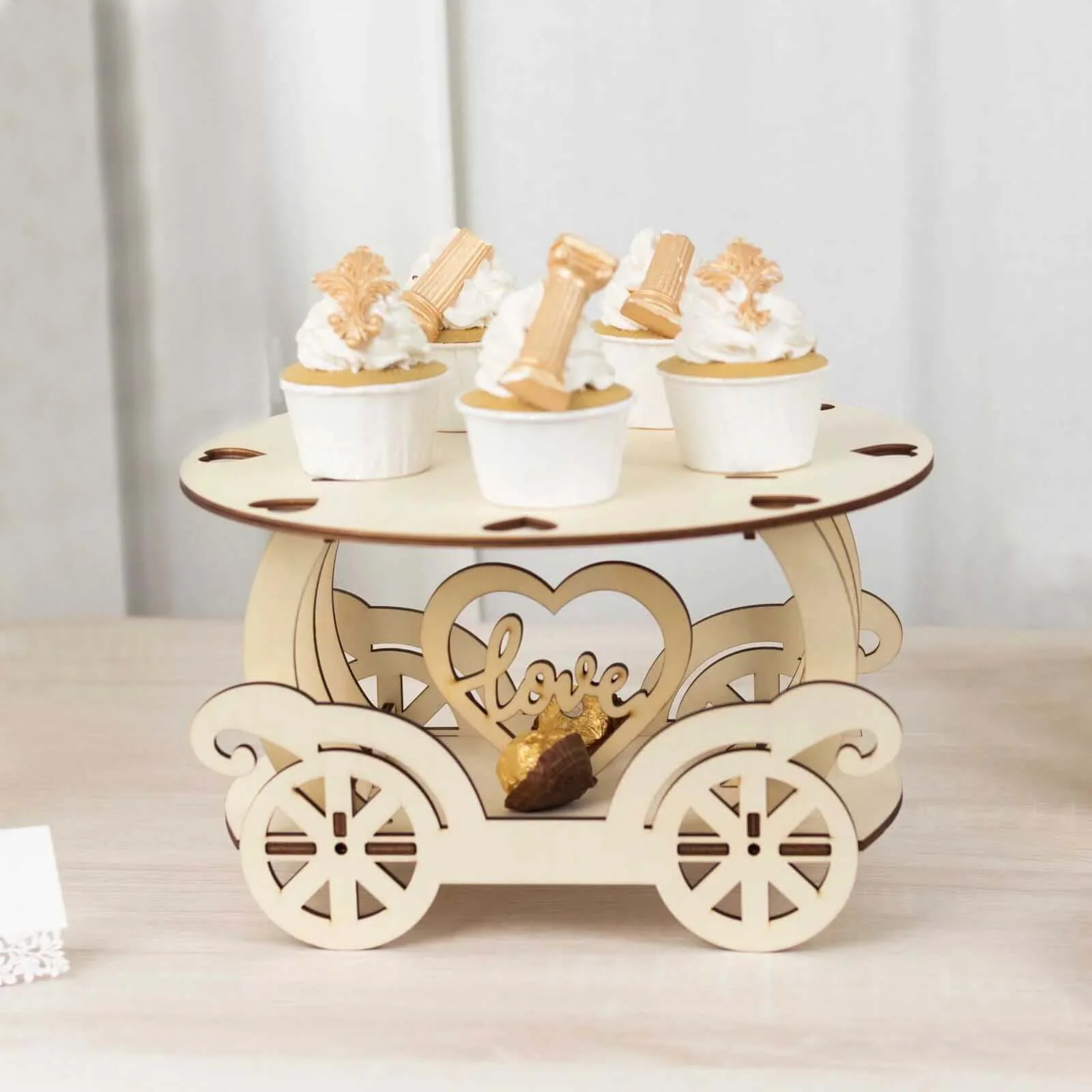 Wooden Wedding Cake Stand 12" Carriage Shape Natural with Laser Cut Design - Round Cupcake Holder Display Plate - Image 5